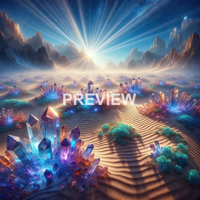 A fantastical landscape featuring luminous, colorful crystals and plants scattered across sandy dunes with a glowing sun and starry sky in the background.